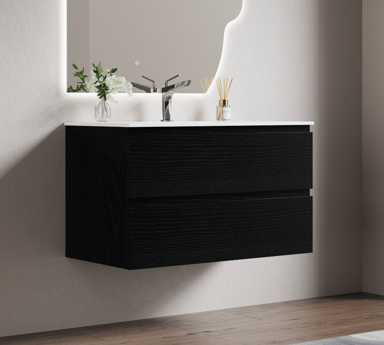 Nora Modena Wall-Hung Vanity Charred Oak W740*D455*H520 (RBV-1008MCCO750)