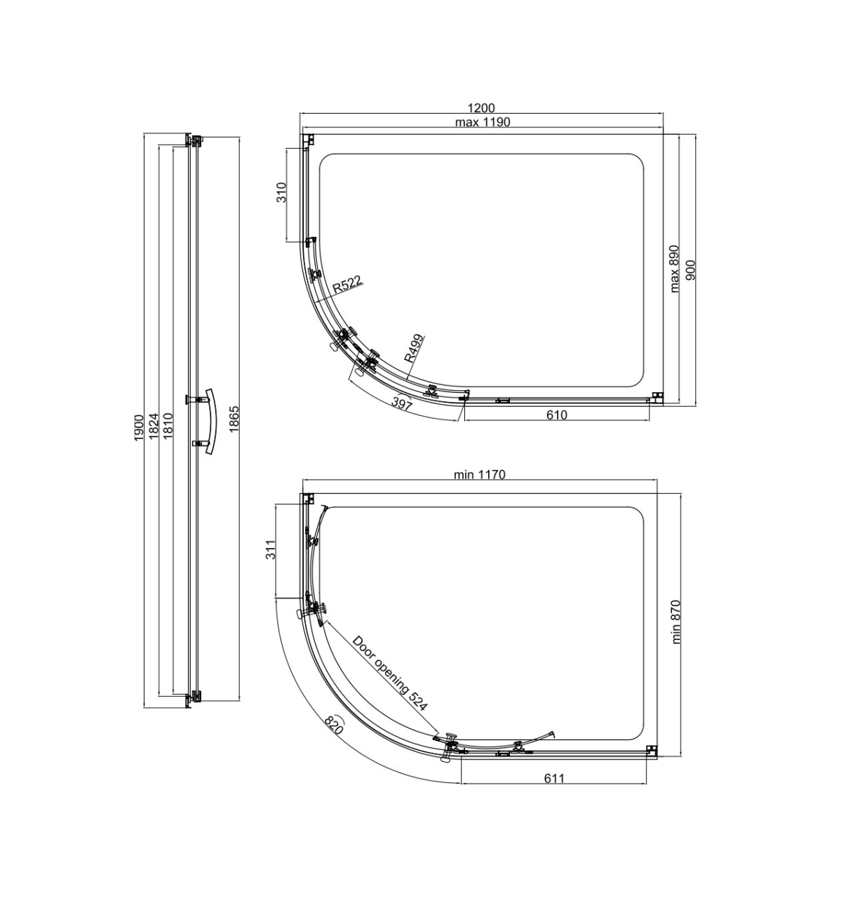 Nora Modena Range Curve Shape Shower Glass Sliding Door 1200*900*1900mm (SG-MO-SD-12C1900)
