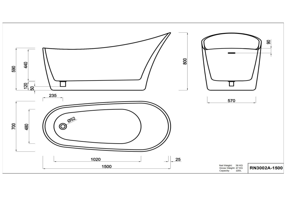 Nora Dea Free Standing Bath with Overflow 1500mm (RN3002B-1500)