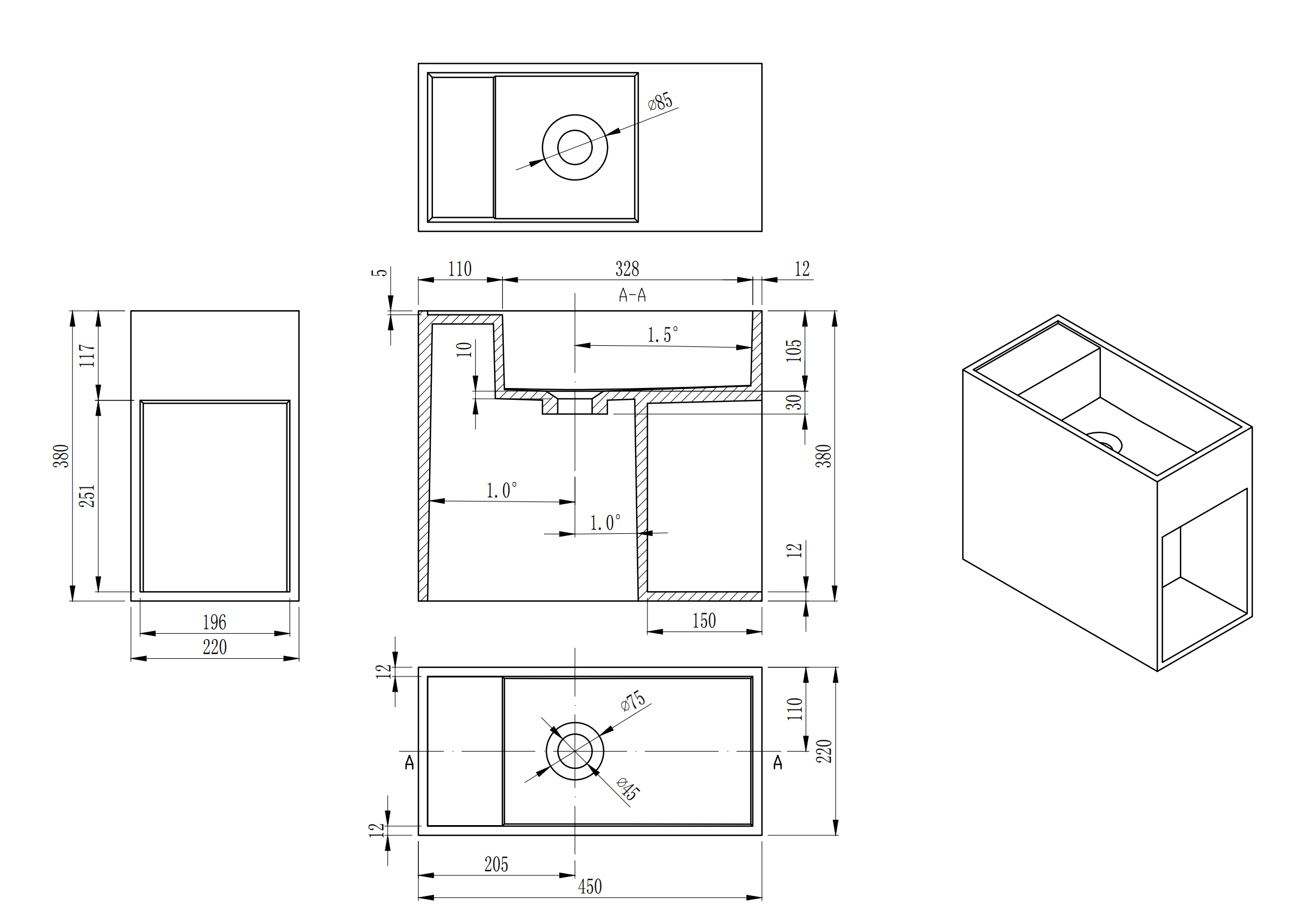 Nora Firenze Solid Surface Wall-Hung Basin with Open Shelf Left Hand (WB40L)