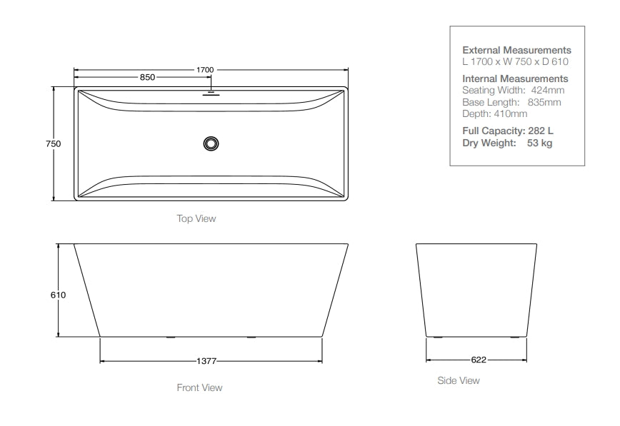 Kohler Evok 2.0 Seamless Rectangle 1700mm Freestanding Bath (25164A-0)