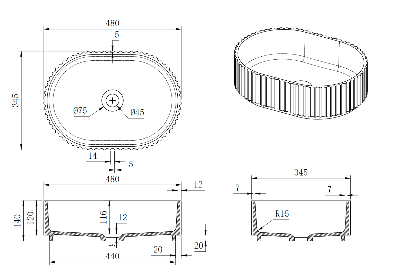 Nora Bianca Solid Surface Fluted Round Vessel Basin without Overflow (SS-WB44MW)