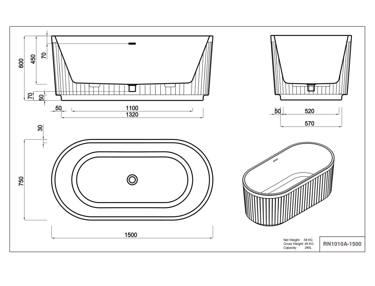 Nora Firenze Free Standing Bath with Overflow 1500mm – Linear Fluted Exterior (RN1010A-1500)