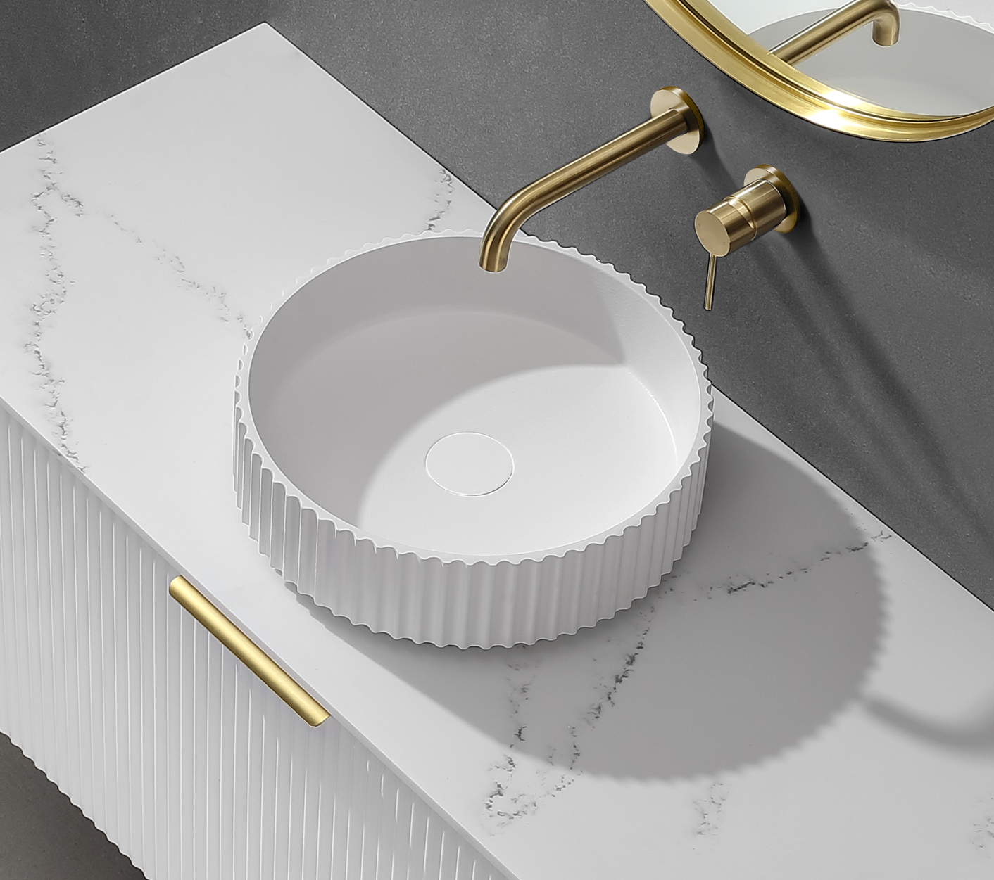 Nora Bianca Solid Surface Fluted Round Vessel Basin without Overflow (SS-WB49MW)