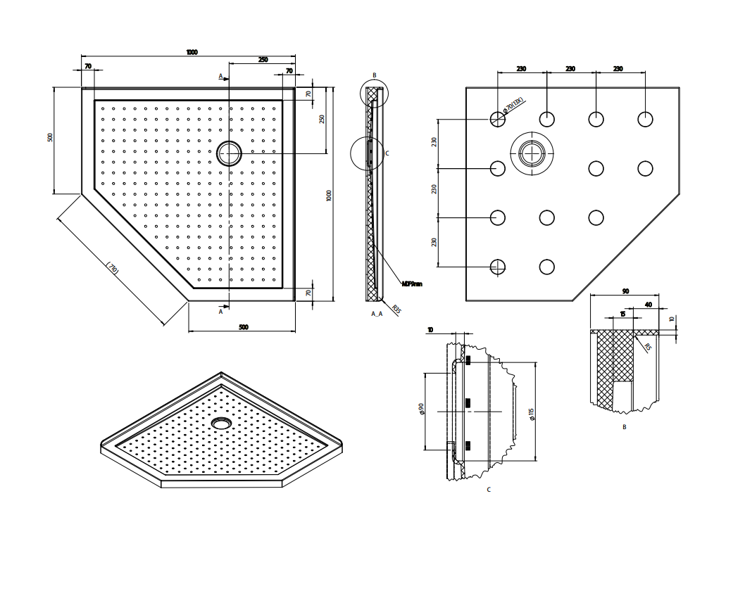 Nora Shower Tray Diamond Corner Waste 1000mm (STD1C)