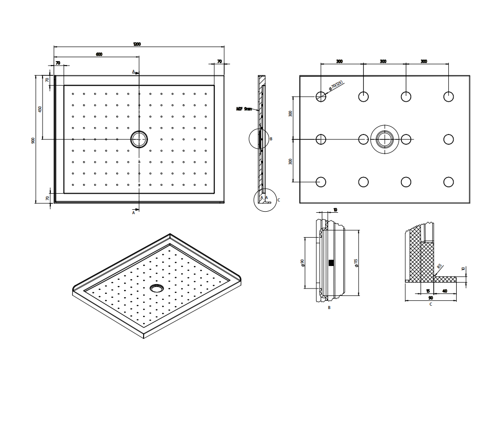 Nora Shower Tray Rectangle Right-Handed Centre Waste 1200×900mm (STS12MR)