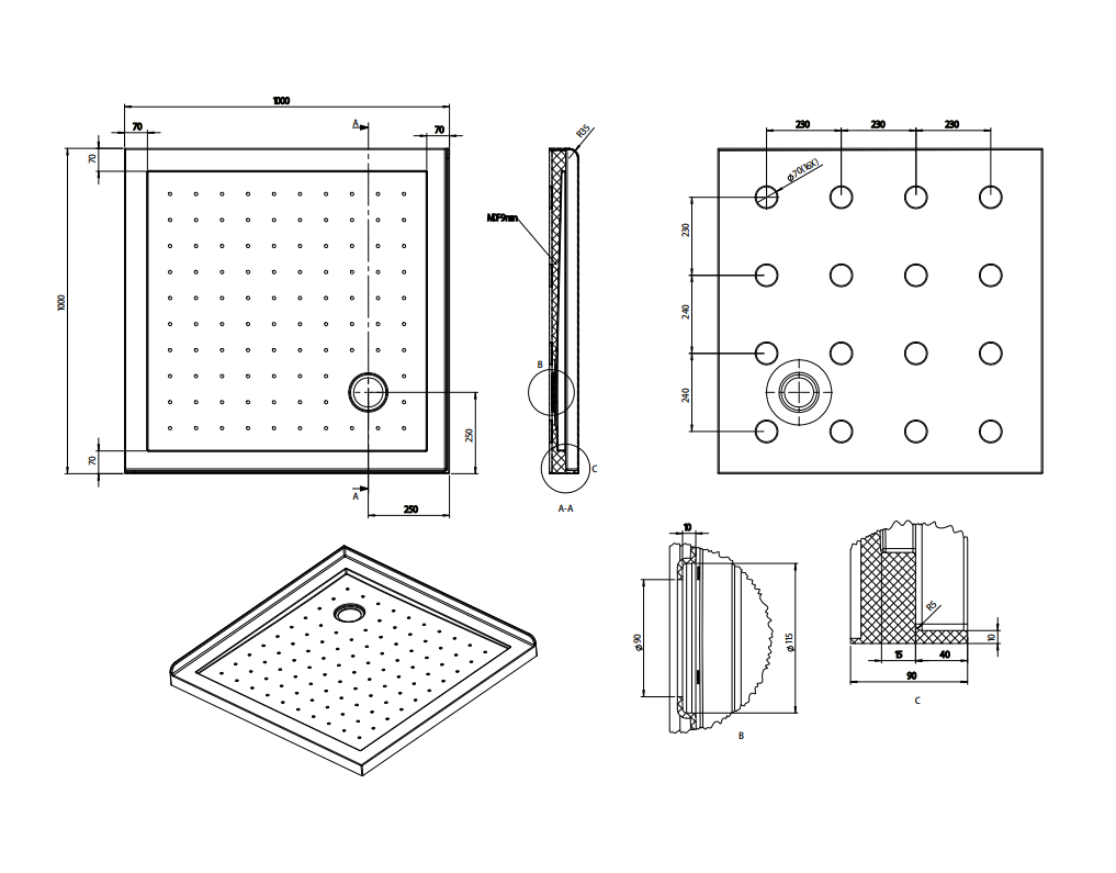 Nora Shower Tray Square Corner Waste 1000mm (STS1C)