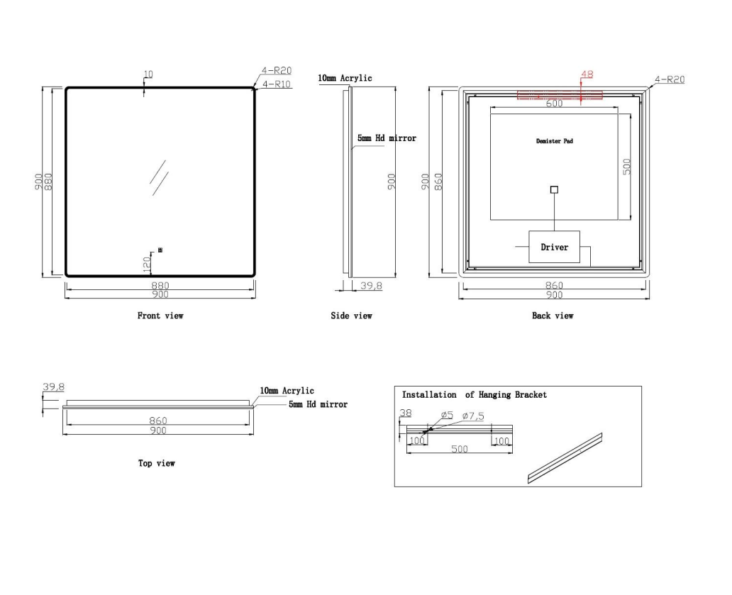 Nora Square LED Mirror with Demister W900*H900*D40 (RBLM-900DE-AC)