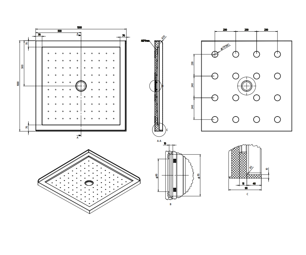 Nora Shower Tray Square Centre Waste 1000mm (STS1M)
