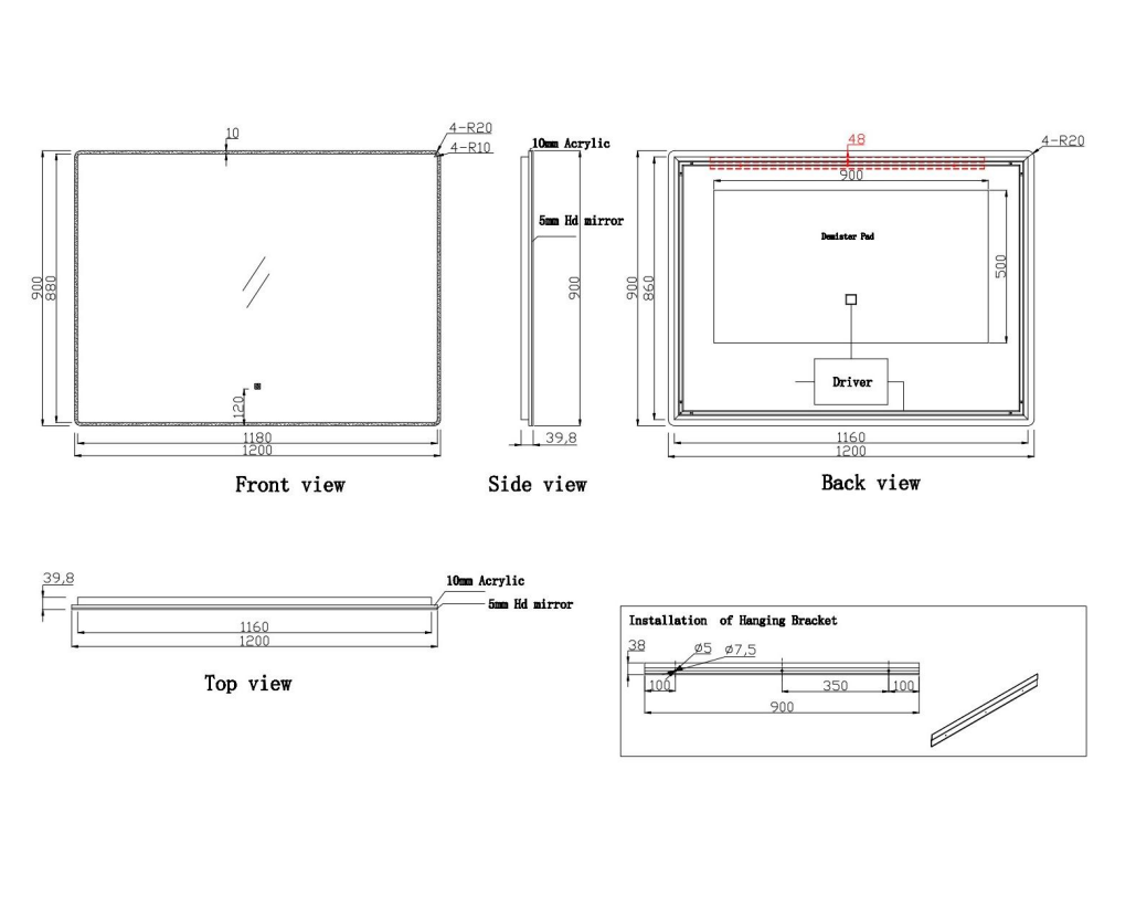 Nora Rectangle LED Mirror with Demister W1200*H900*D40 (RBLM-1200DE-AC)