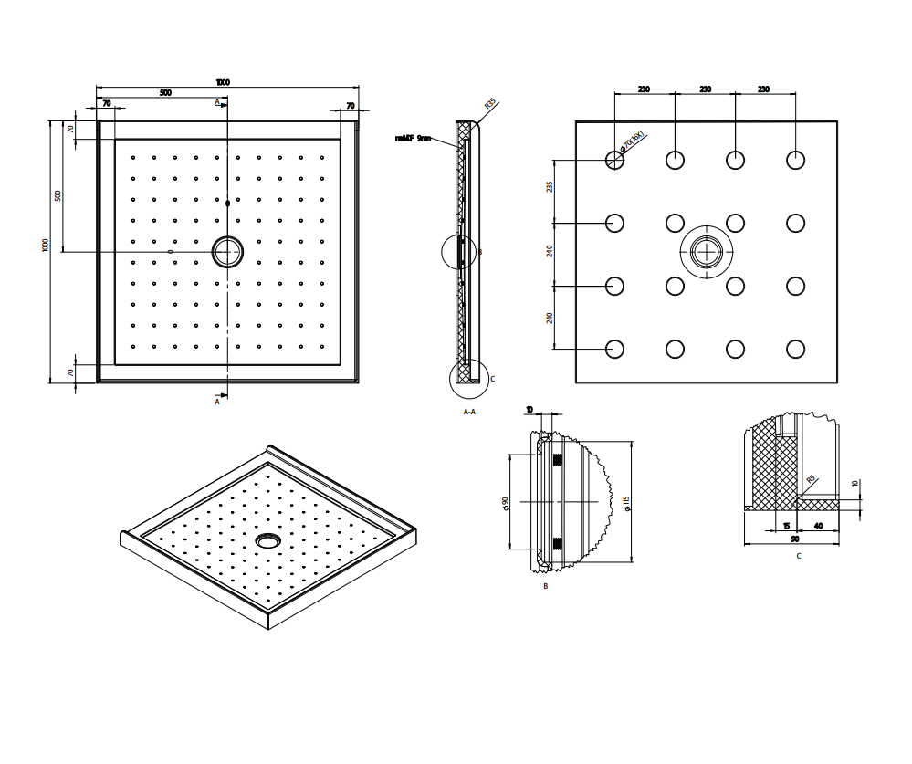 Nora Shower Tray 3-lip Square Centre Waste 1000mm (STS111M)