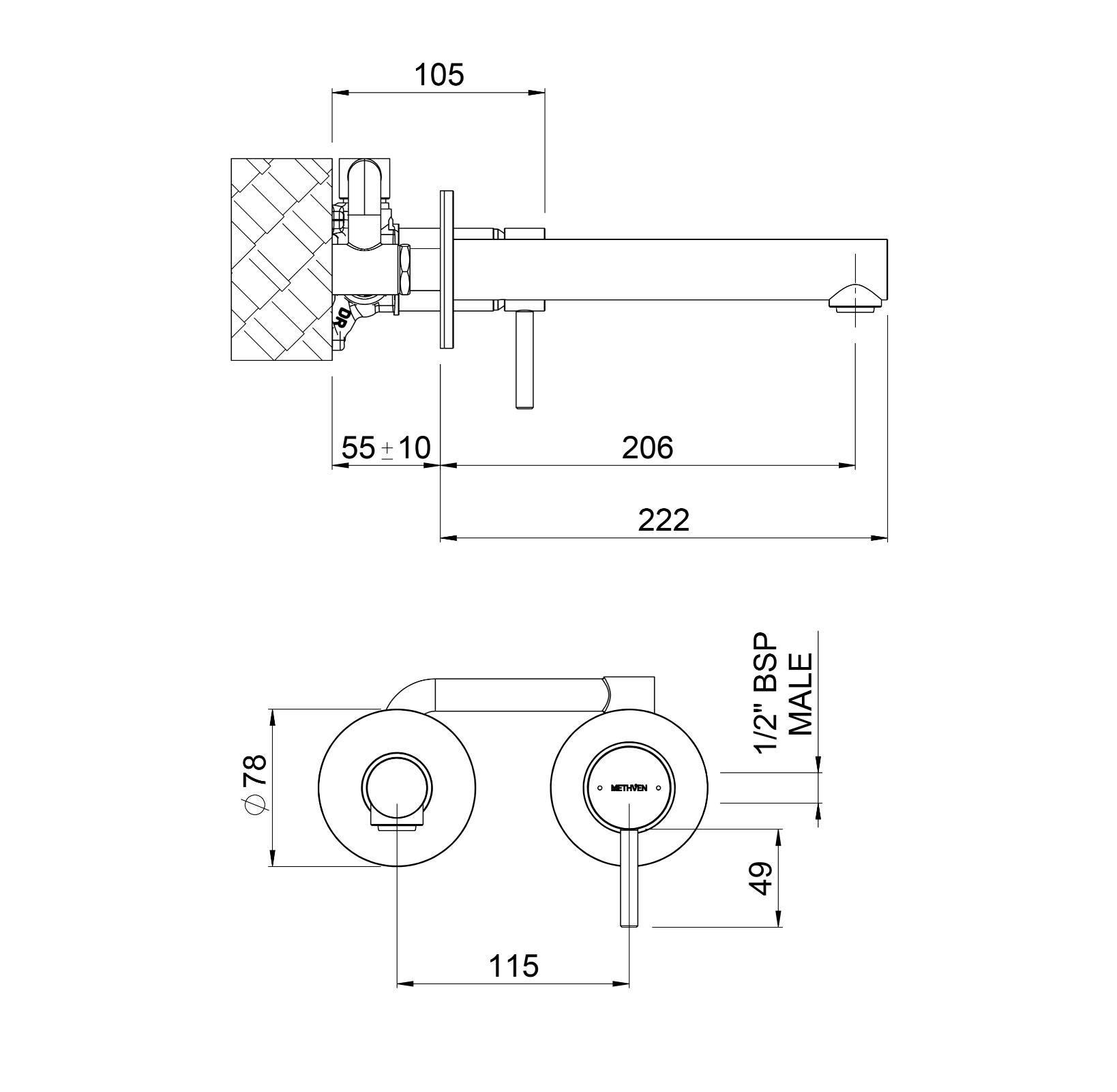 Methven Tūroa Wall Mounted Mixer with Spout - Stainless Steel (TUWBSSF)