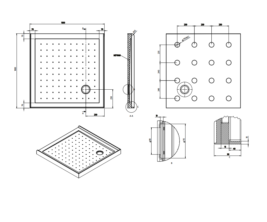 Nora Shower Tray 3-lip Square Corner Waste Left 1000mm (STS111CL)