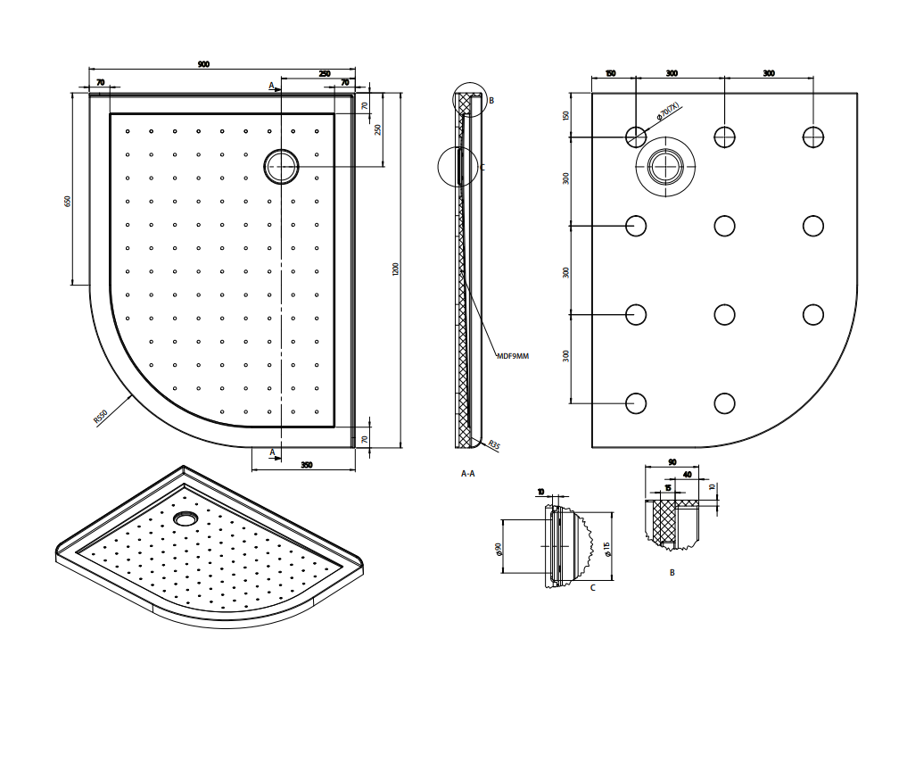 Nora Shower Tray Curve Left-Handed Corner Waste 1200×900mm (STC12CL)
