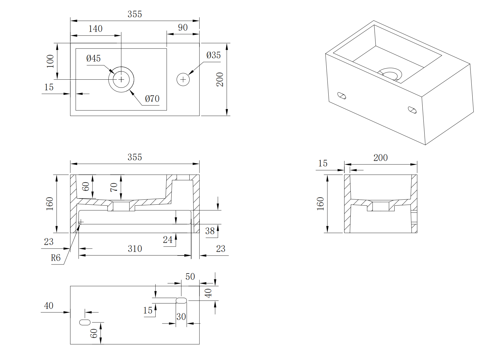 Nora Venezia Solid Surface Wall-Hung Basin With Towel Rail Right Hand Matt White (WA26R)