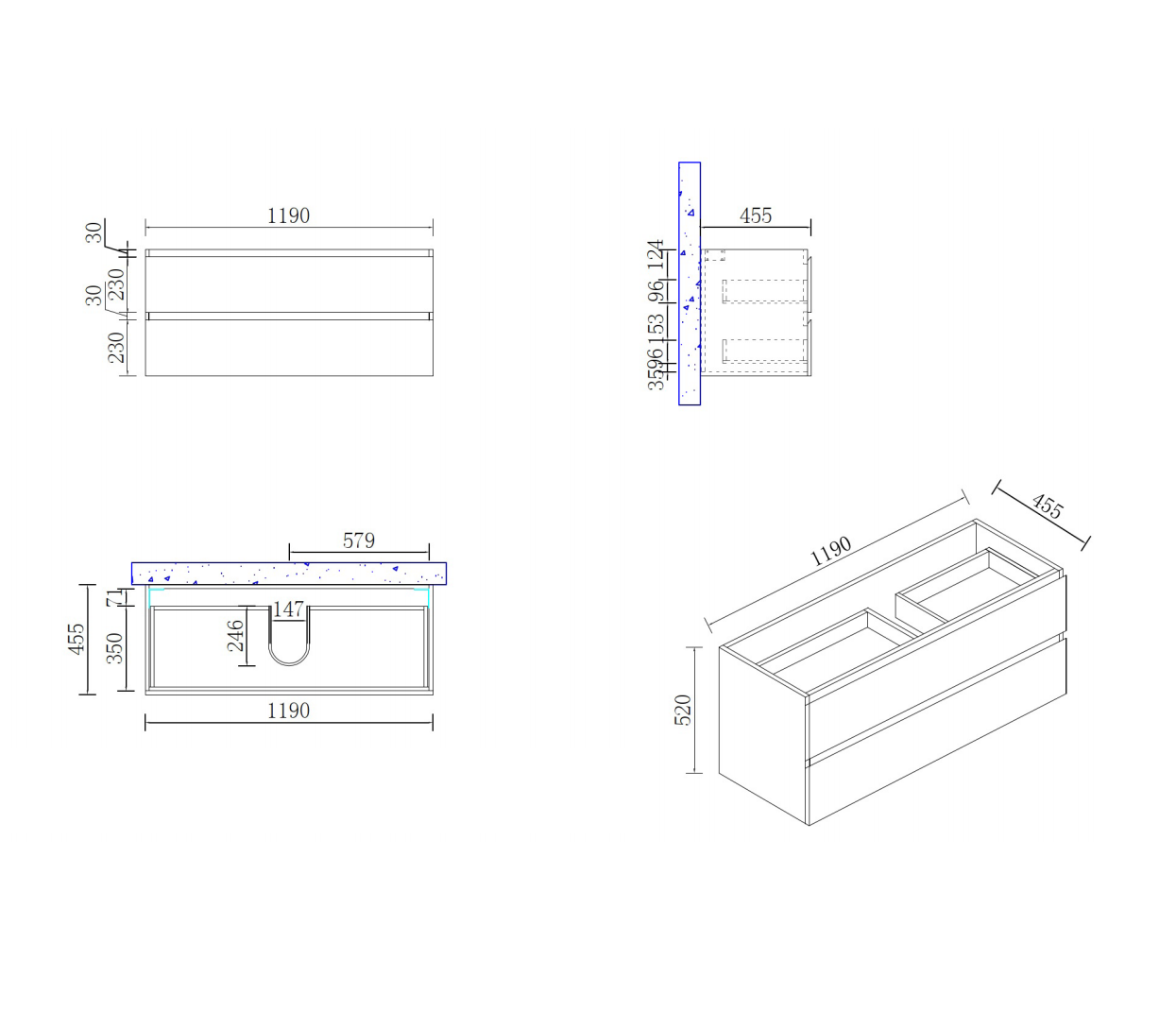 Nora Modena Wall-Hung Vanity North American Oak W1190*D455*H520 (RBV-1008MCLO1200)