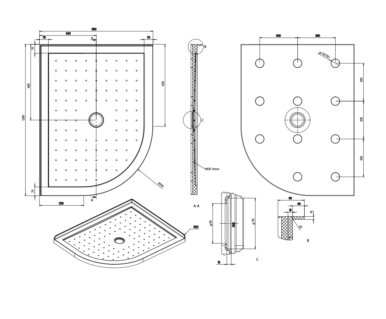 Nora Shower Tray Curve Right-Handed Centre Waste 1200×900mm (STC12MR)