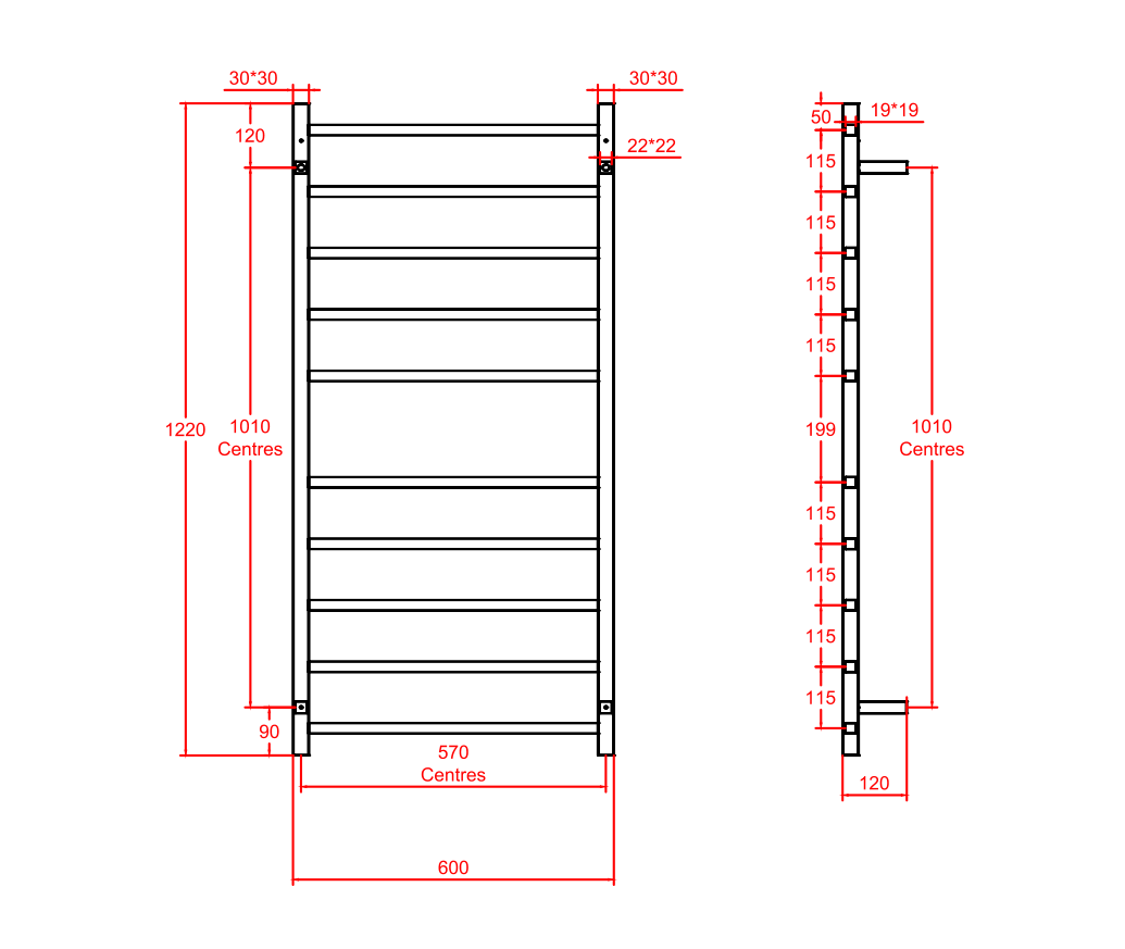 Nora Heated Towel Rail Square 10 Bar H1200*W600*D120mm Chrome (RBHTR-CH-S1260)