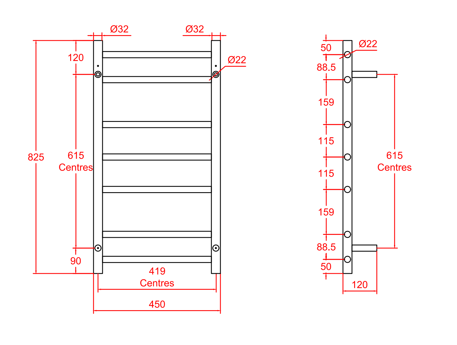Nora Verona Heated Towel Rail Round 7 Bar H825*W450*D120mm Gunmetal (RBHTR-GM-R8245)