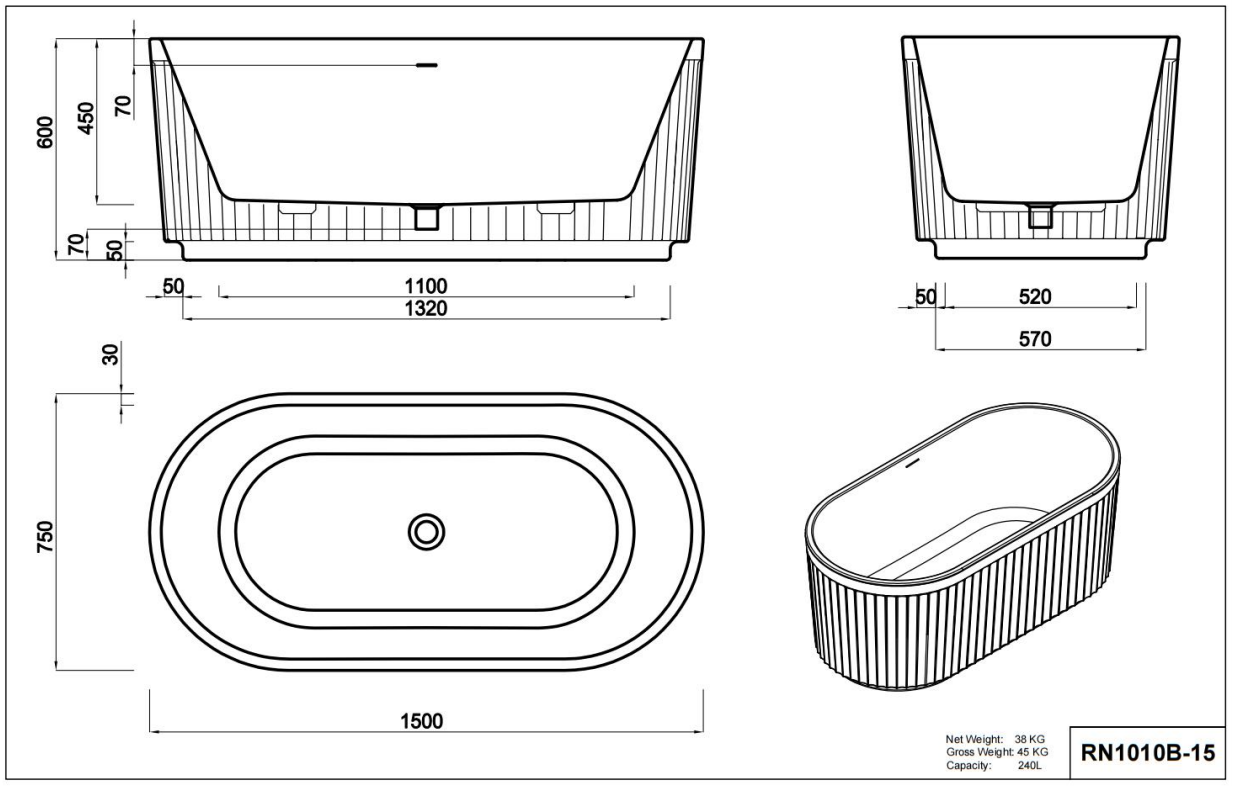 Nora Firenze Free Standing Bath with Overflow 1500 - Linear Fluted Exterior (RN1010B-1500)