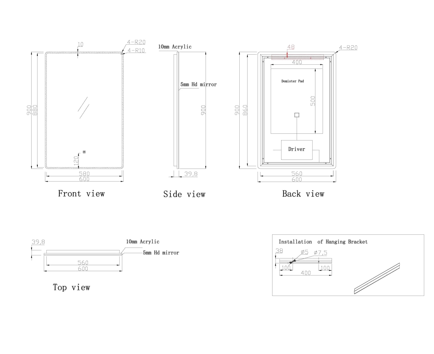 Nora Rectangle LED Mirror with Demister W600*H900*D40 (RBLM-600DE-AC)