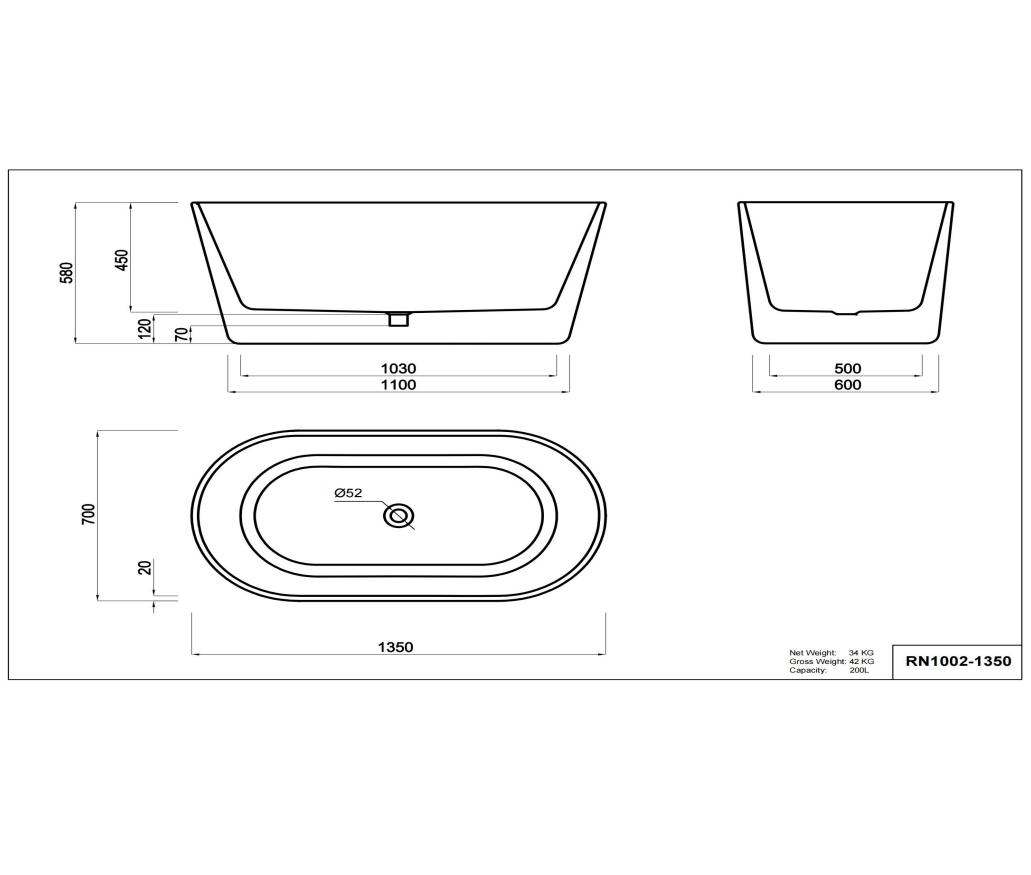 Nora Orbita Free Standing Bath without Overflow 1350mm (RN1002-1350)