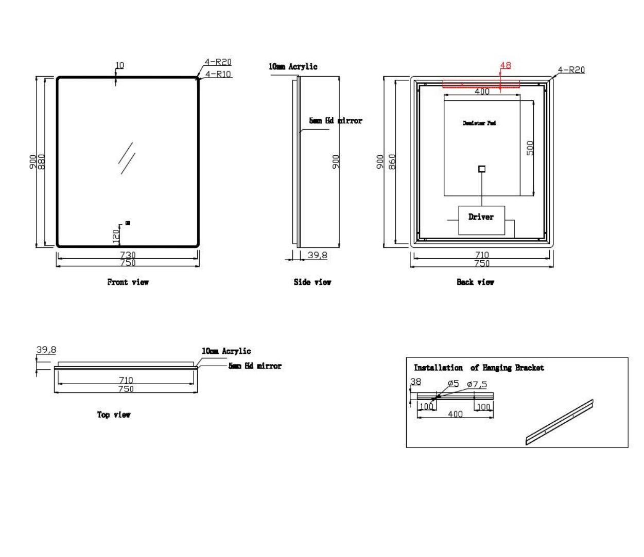 Nora Rectangle LED Mirror with Demister W750*H900*D40 (RBLM-750DE-AC)