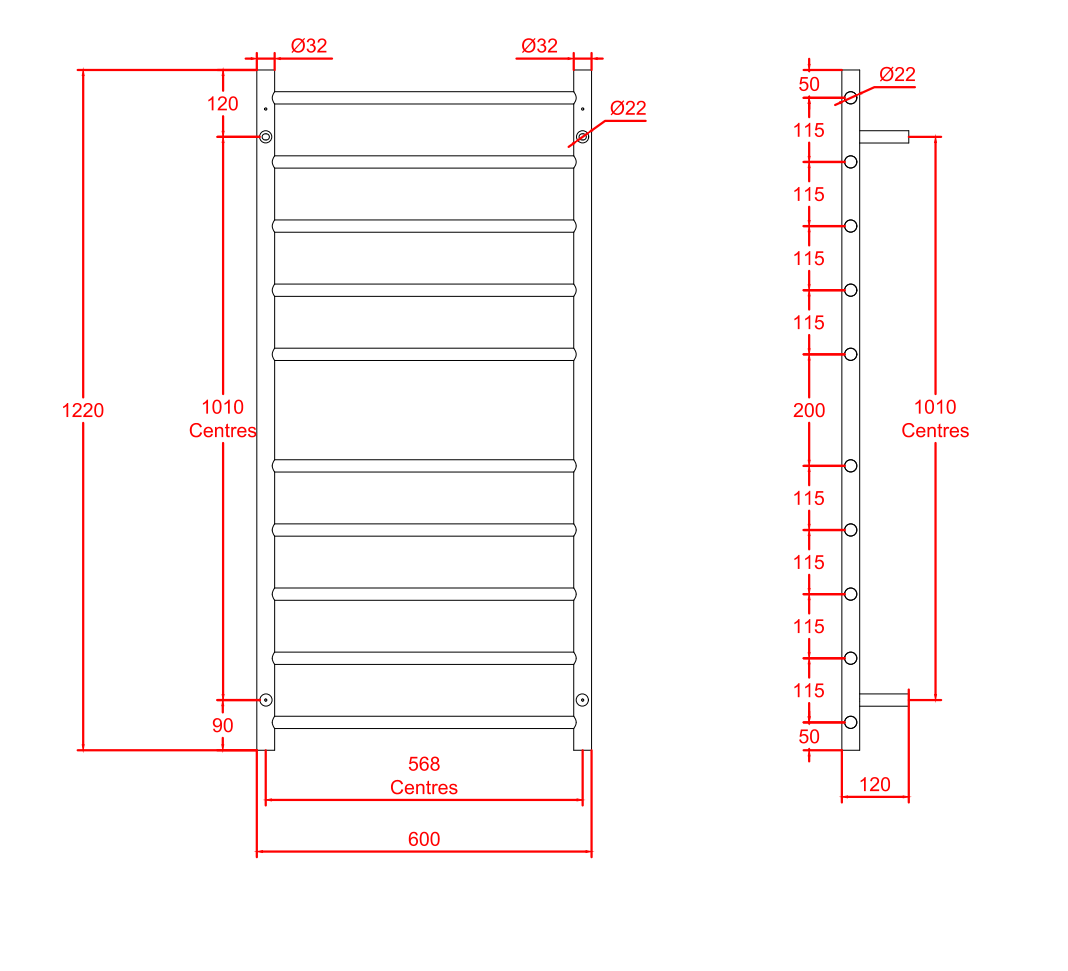 Nora Verona Heated Towel Rail Round 10 Bar H1200*W600*D120mm Chrome (RBHTR-CH-R1260)