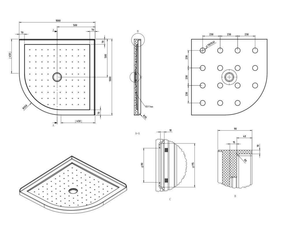 Nora Shower Tray Curve Centre Waste 1000mm (STC1M)