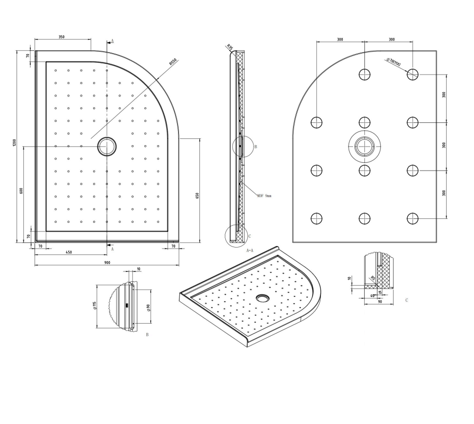 Nora Shower Tray Curve Left-Handed Centre Waste 1200×900mm (STC12ML)