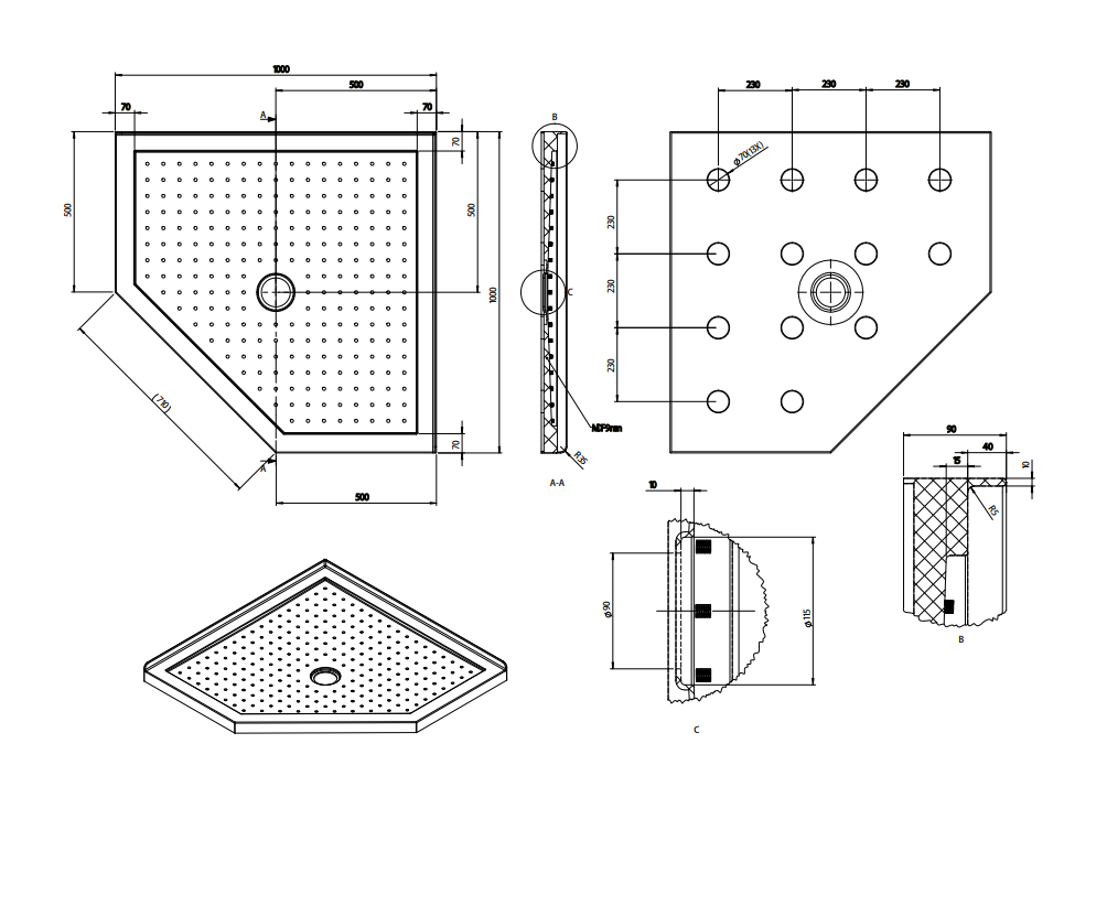 Nora Shower Tray Diamond Centre Waste 1000mm (STD1M)