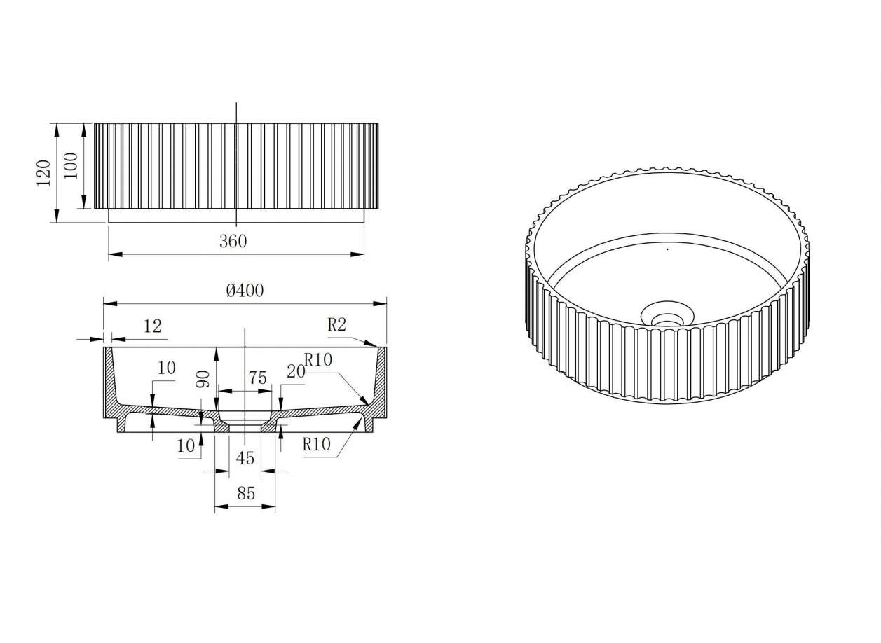 Nora Bianca Solid Surface Fluted Round Vessel Basin without Overflow (SS-WB49MW)