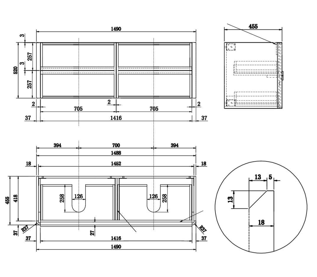 Nora Rimini Double Wall-Hung Vanity Log Walnut W1490*D455*H520 (RBV-1688MCLWN1500D) CABINET ONLY