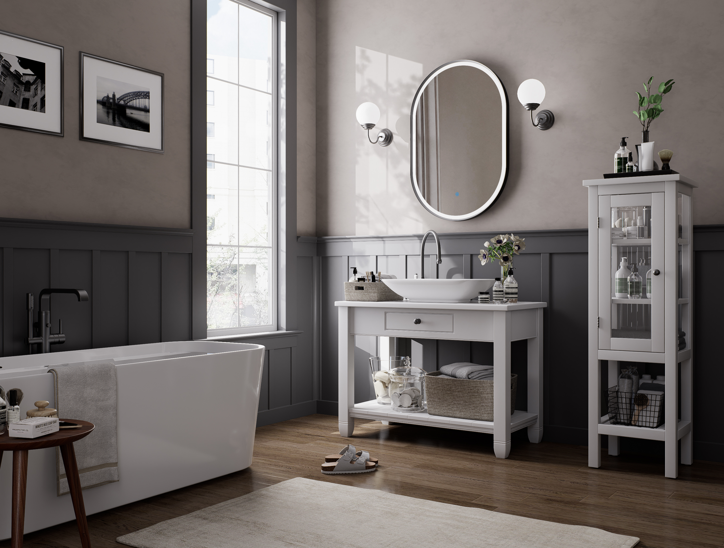 Nora Oval LED Frosted Mirror Gun Metal W600*H900*D43mm (JM-OVAL-AF6090GM) Demister and Aluminium Frame