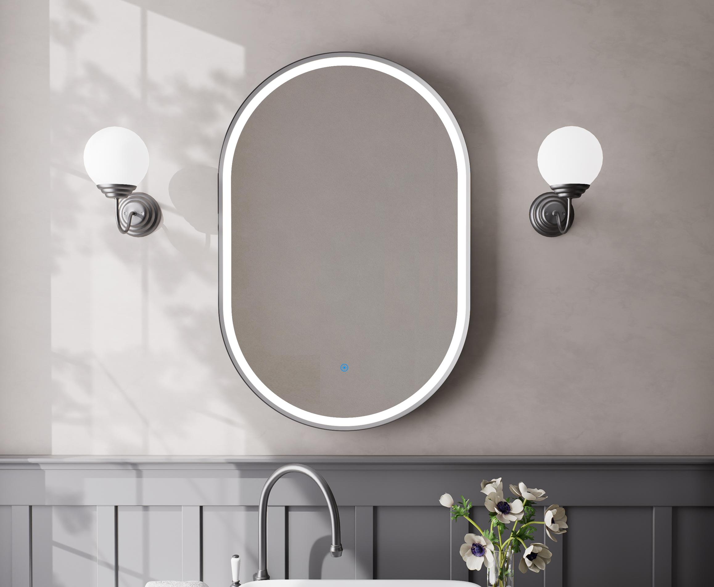 Nora Oval LED Frosted Mirror Gun Metal W600*H900*D43mm (JM-OVAL-AF6090GM) Demister and Aluminium Frame