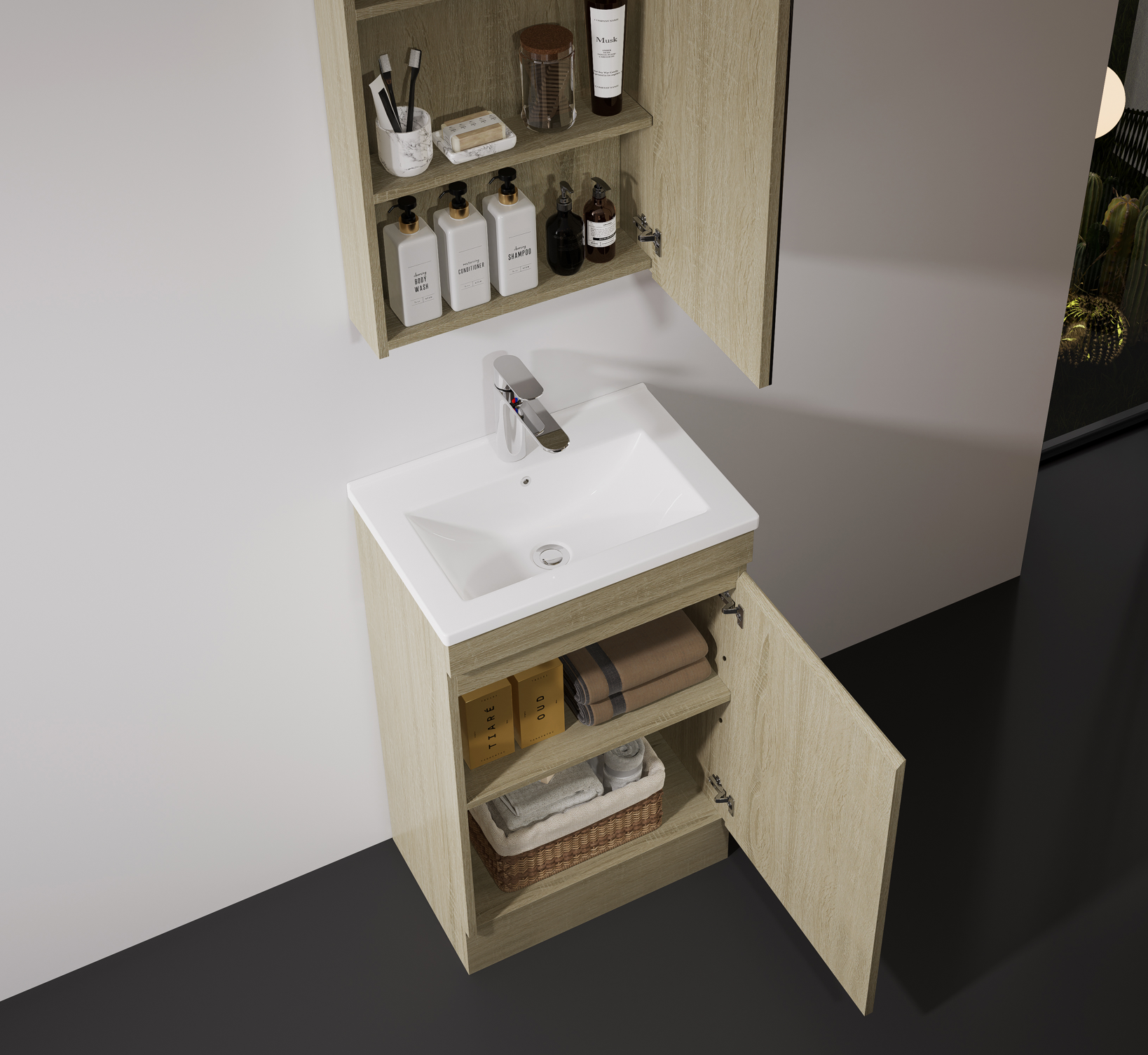 Nora Modena Floor Standing Slim Vanity North American Oak W490*D355*H820 (RBV-1021MCLO500)