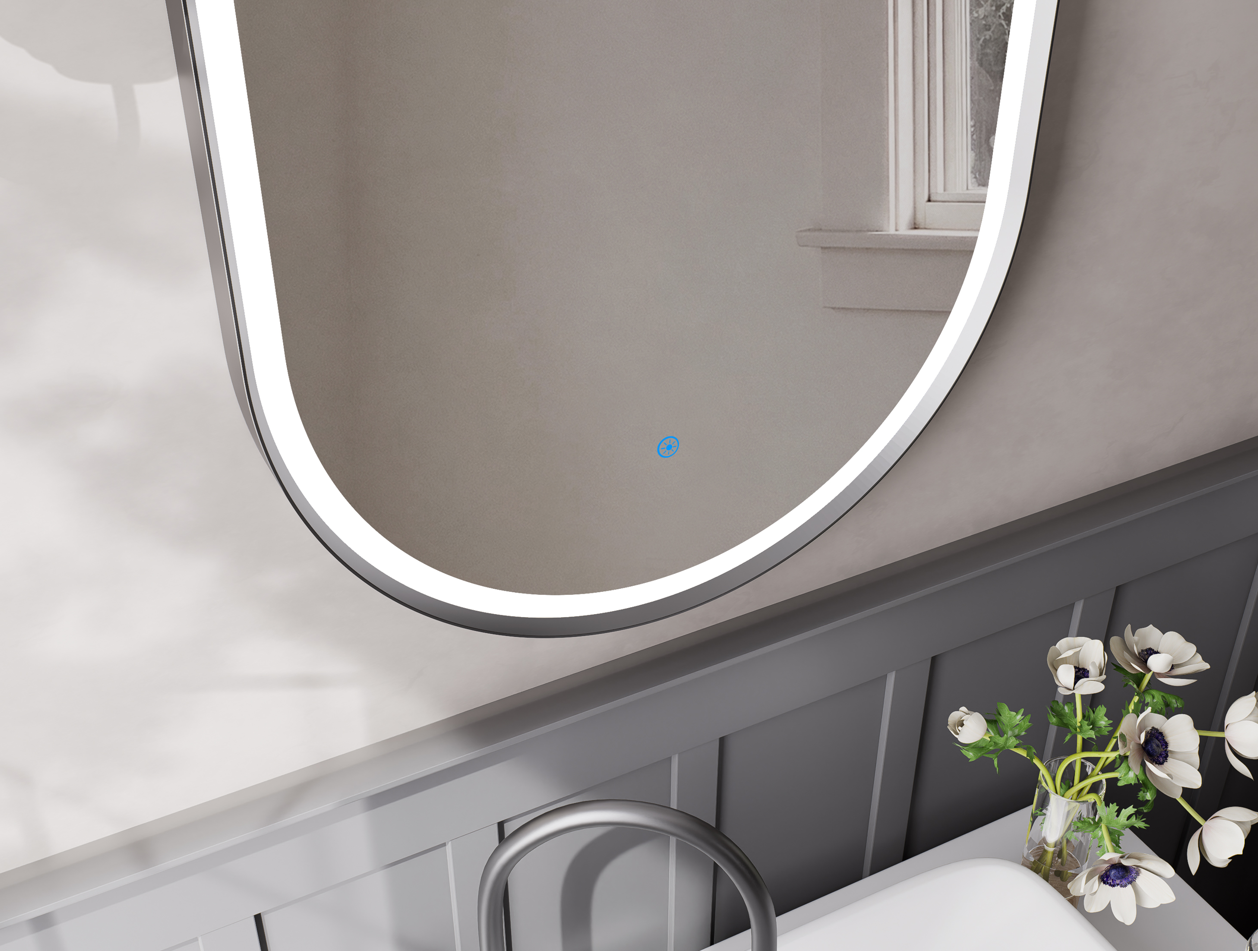 Nora Oval LED Frosted Mirror Gun Metal W600*H900*D43mm (JM-OVAL-AF6090GM) Demister and Aluminium Frame