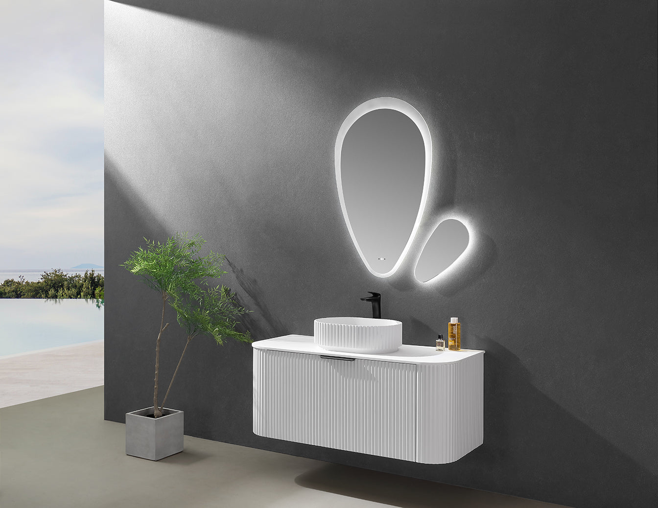 Nora Bianca Solid Surface Fluted Round Vessel Basin without Overflow (SS-WB44MW)