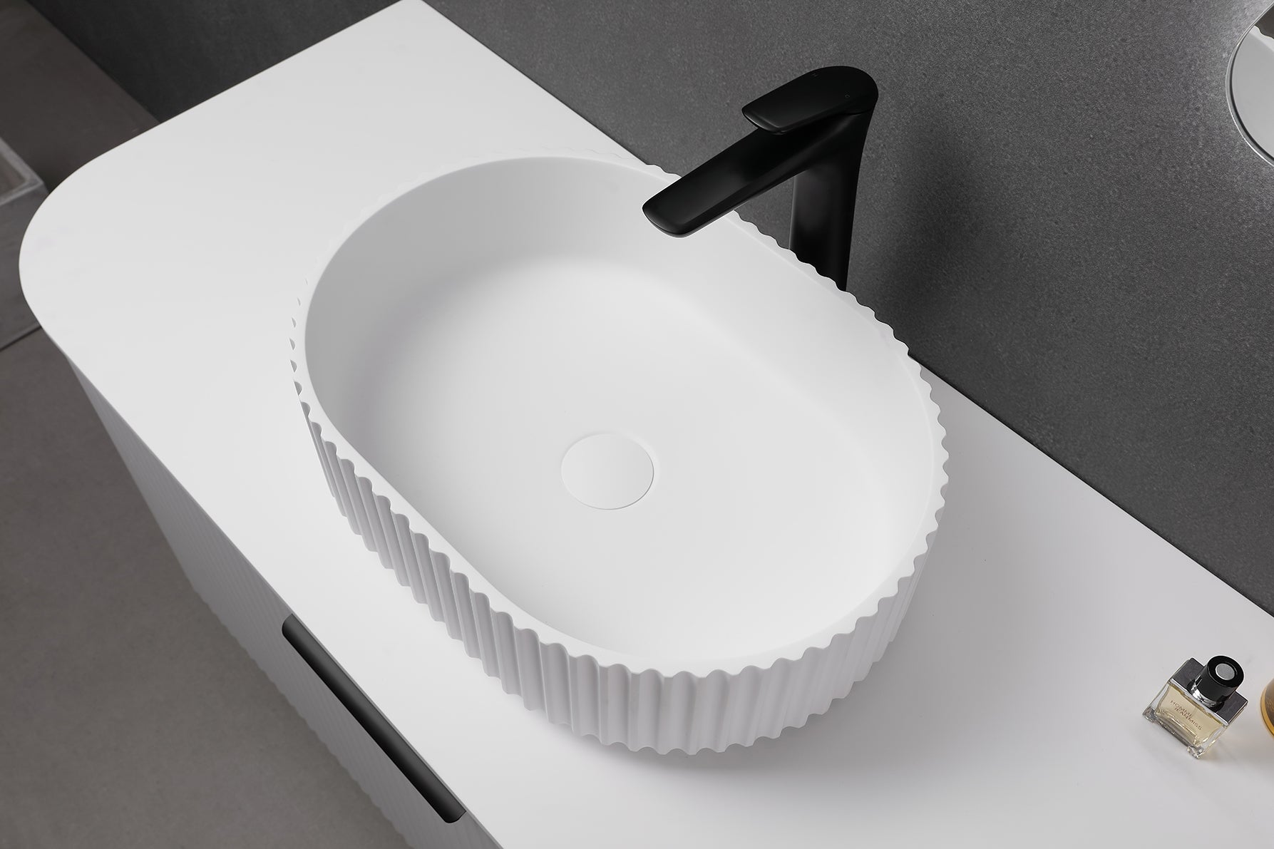 Nora Bianca Solid Surface Fluted Round Vessel Basin without Overflow (SS-WB44MW)