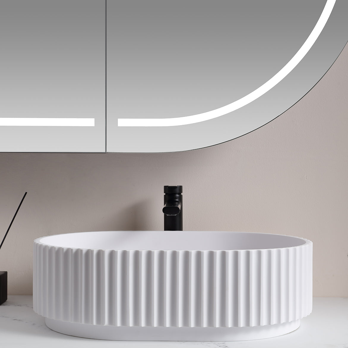 Nora Bianca Solid Surface Fluted Round Vessel Basin without Overflow (SS-WB44MW)