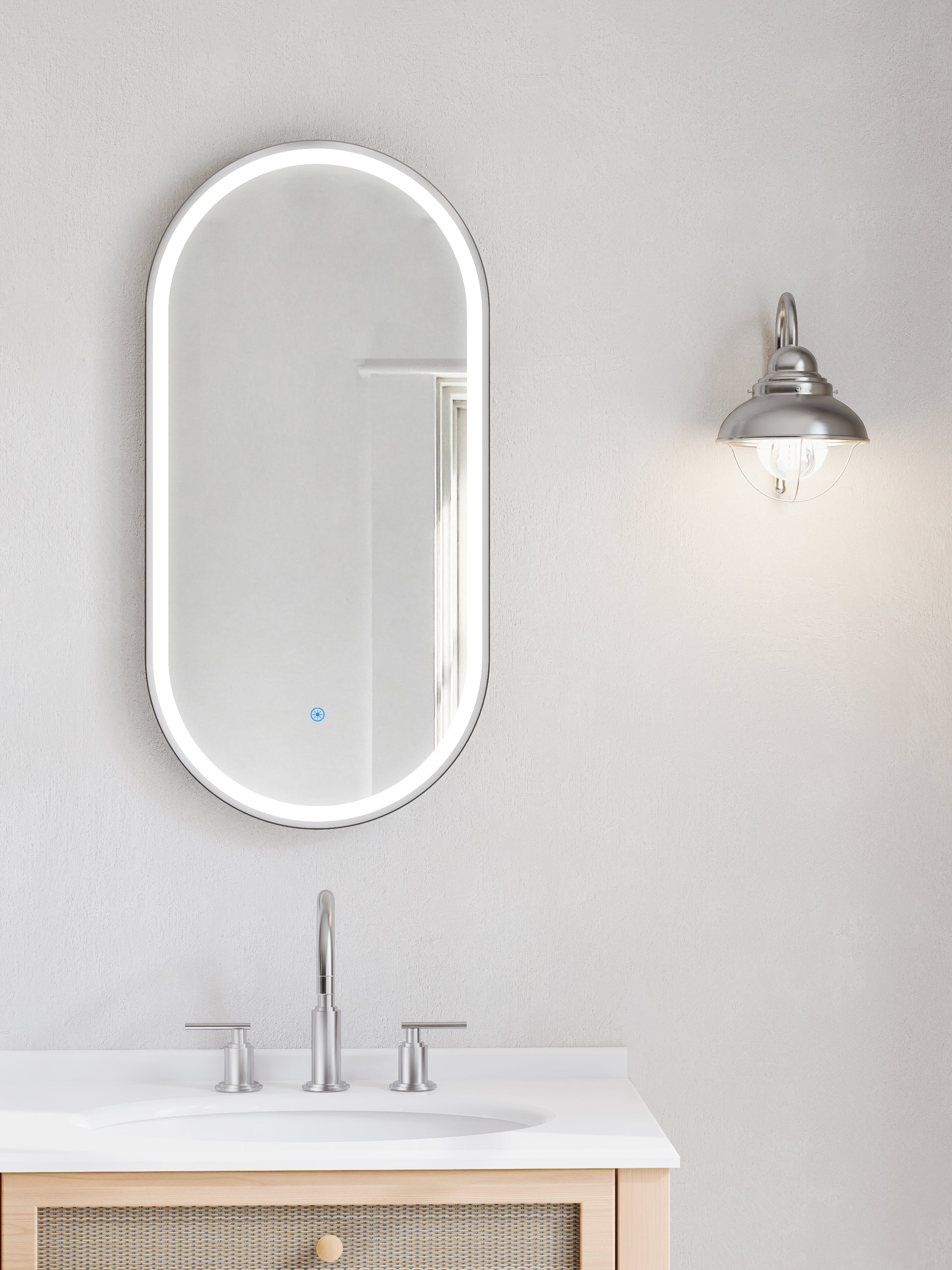 Nora Oval LED Frosted Mirror Brushed Nickel W450*H900*D43mm (JM-OVAL-AF4590BN)  Demister and Aluminium Frame