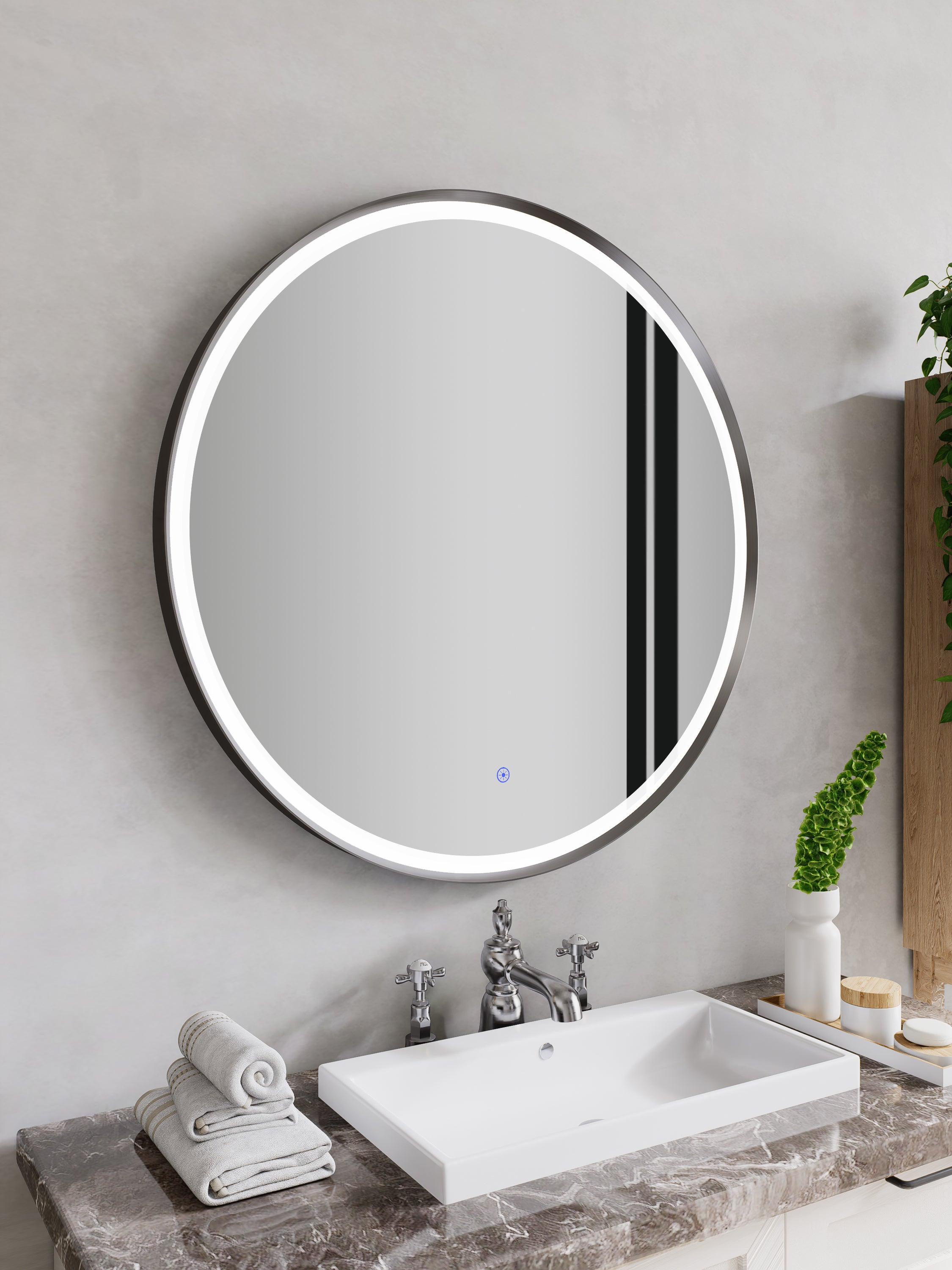 Nora Round LED Frosted Mirror Gun Metal Φ800*D43mm (JM-RD-AF800GM) Demister and Aluminium Frame