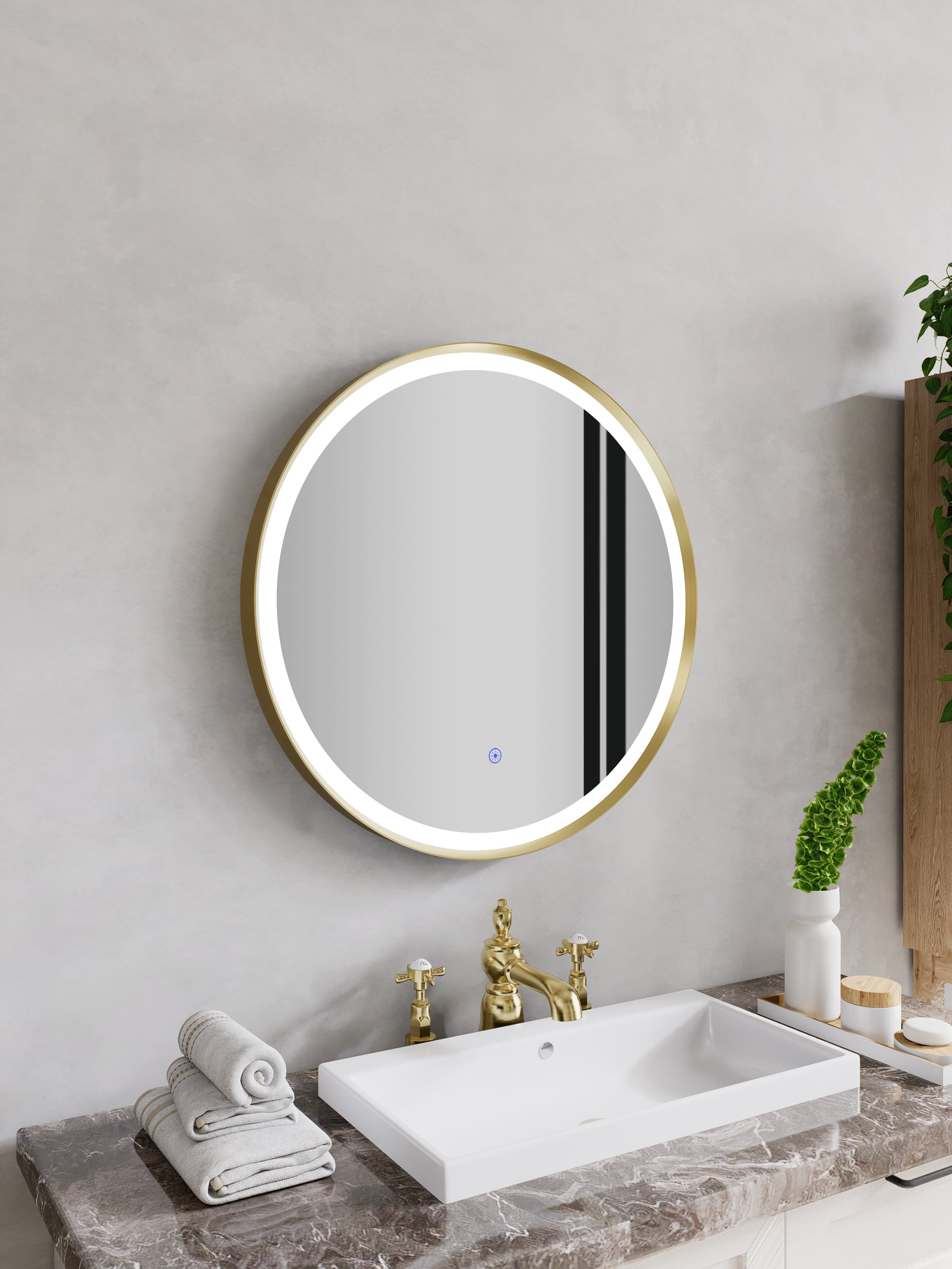 Nora Round LED Frosted Mirror Brushed Brass Φ600*D43mm (JM-RD-AF600BB) Demister and Aluminium Frame