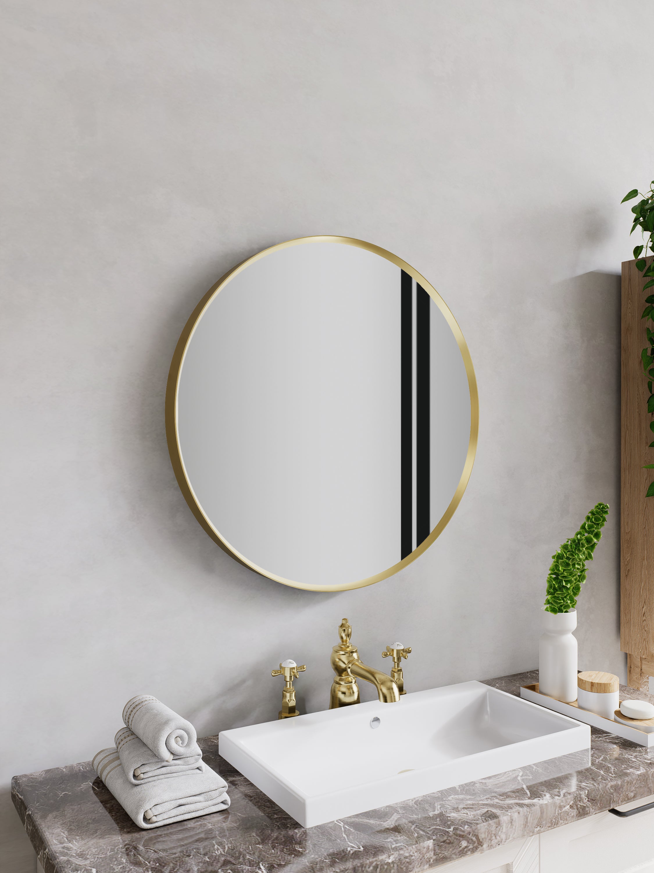 Nora Round LED Frosted Mirror Brushed Brass Φ600*D43mm (JM-RD-AF600BB) Demister and Aluminium Frame
