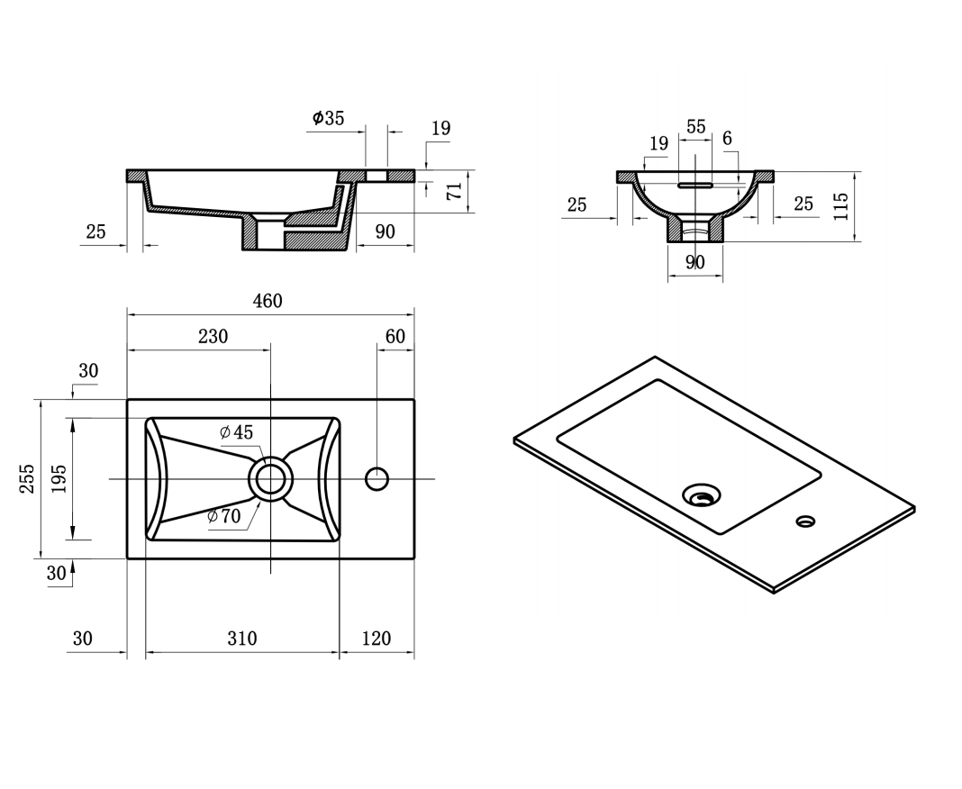Nora Bianca Solid Surface Vanity Top with Overflow Matt White White 460mm (SS-MW460)