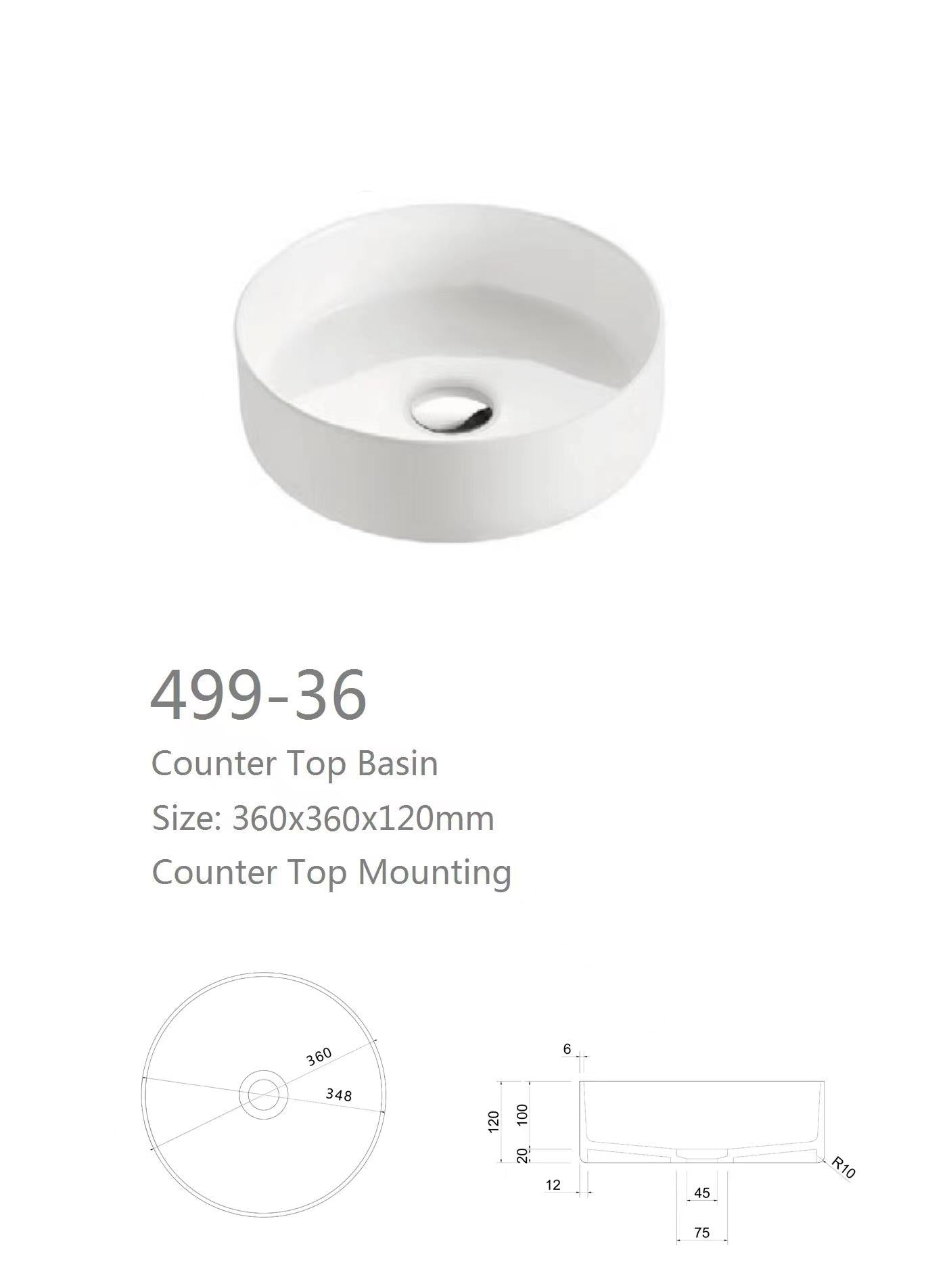 Nora Circo Ceramic Round Vessel Basin without Overflow Gloss White Φ360*H120mm (499-36)