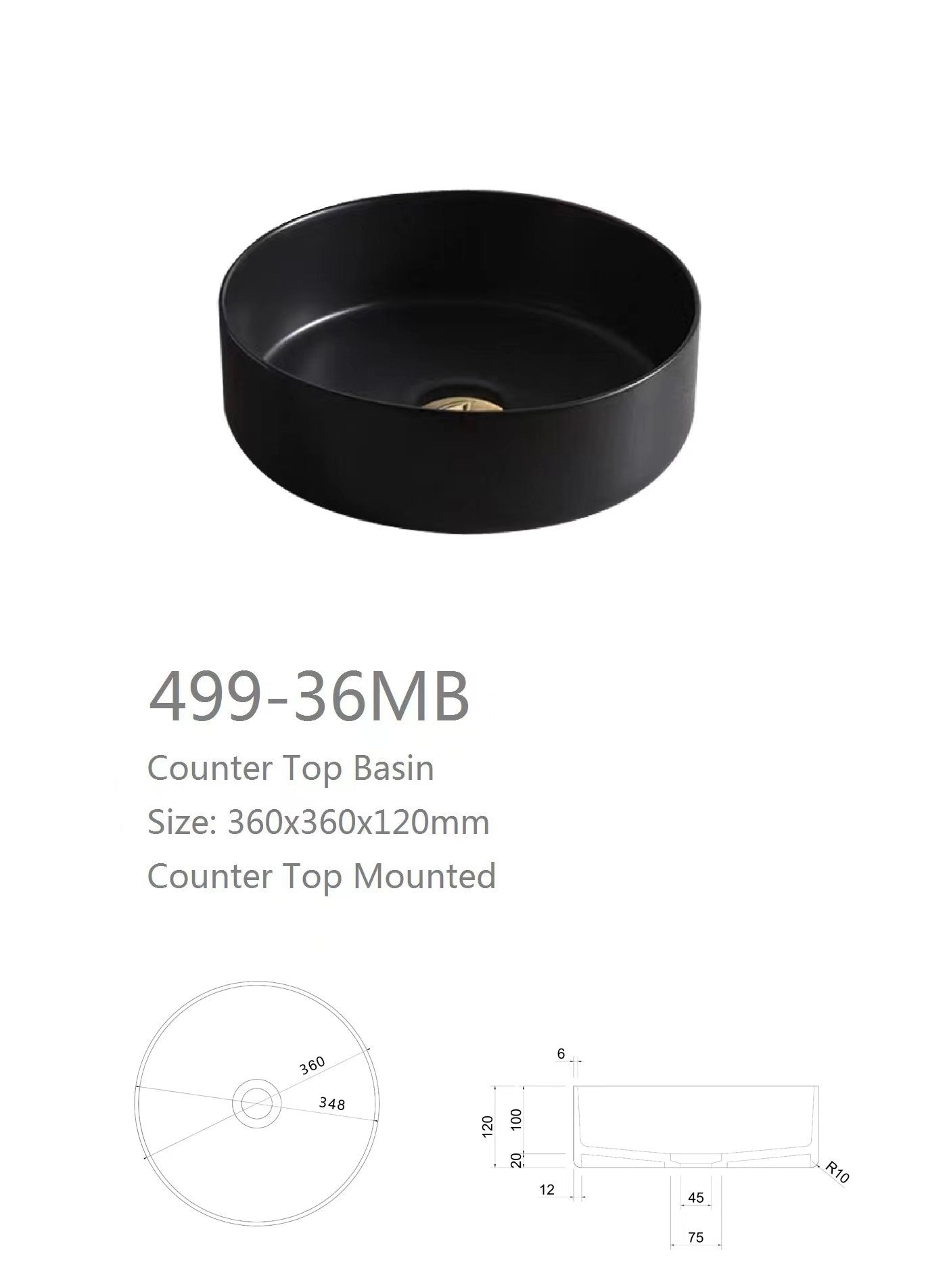 Nora Circo Ceramic Round Vessel Basin without Overflow Matt Black Φ360*H120mm (499-36MB)