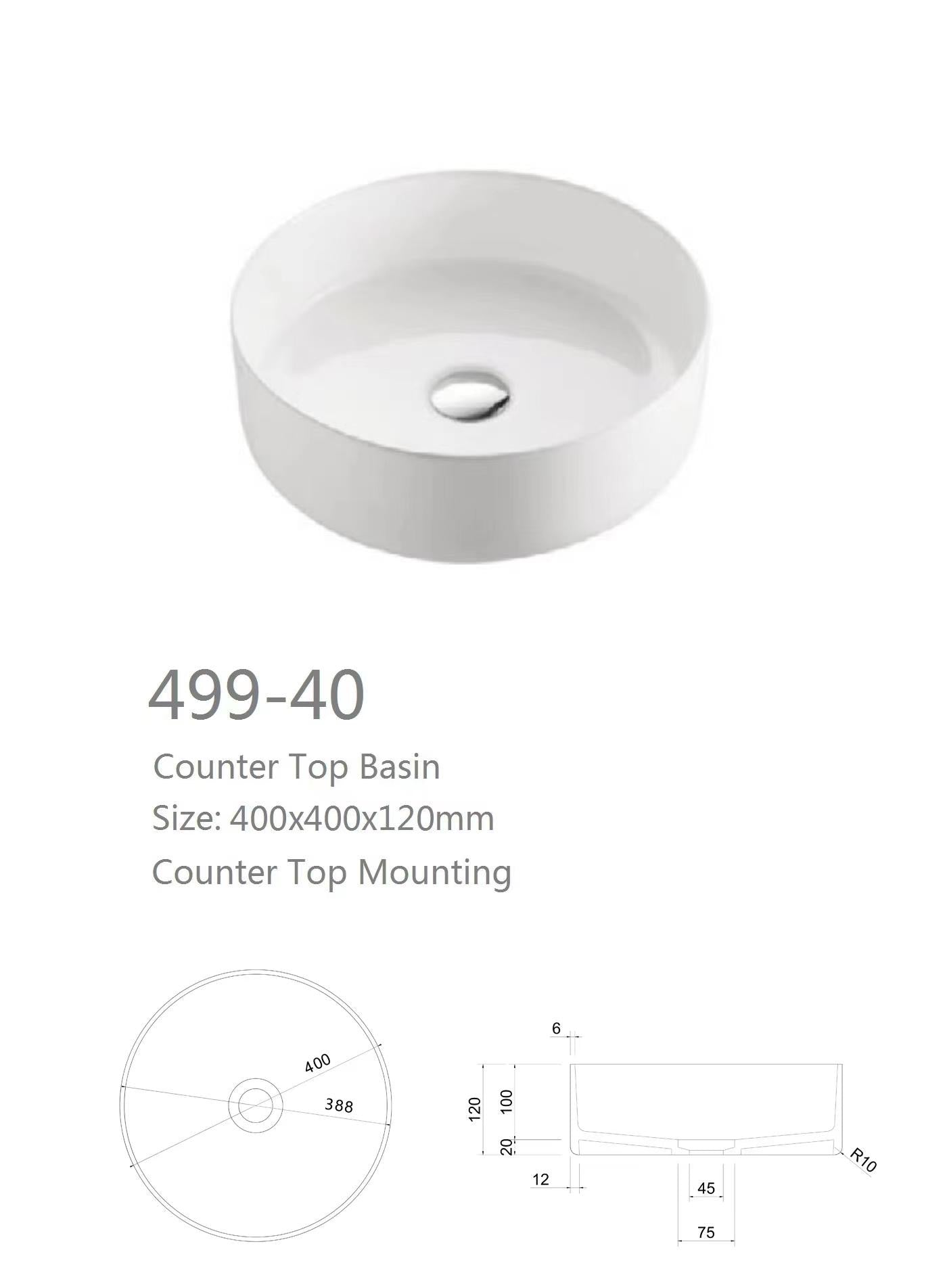 Nora Circo Ceramic Round Vessel Basin without Overflow Gloss White Φ400*H120mm (499-40)