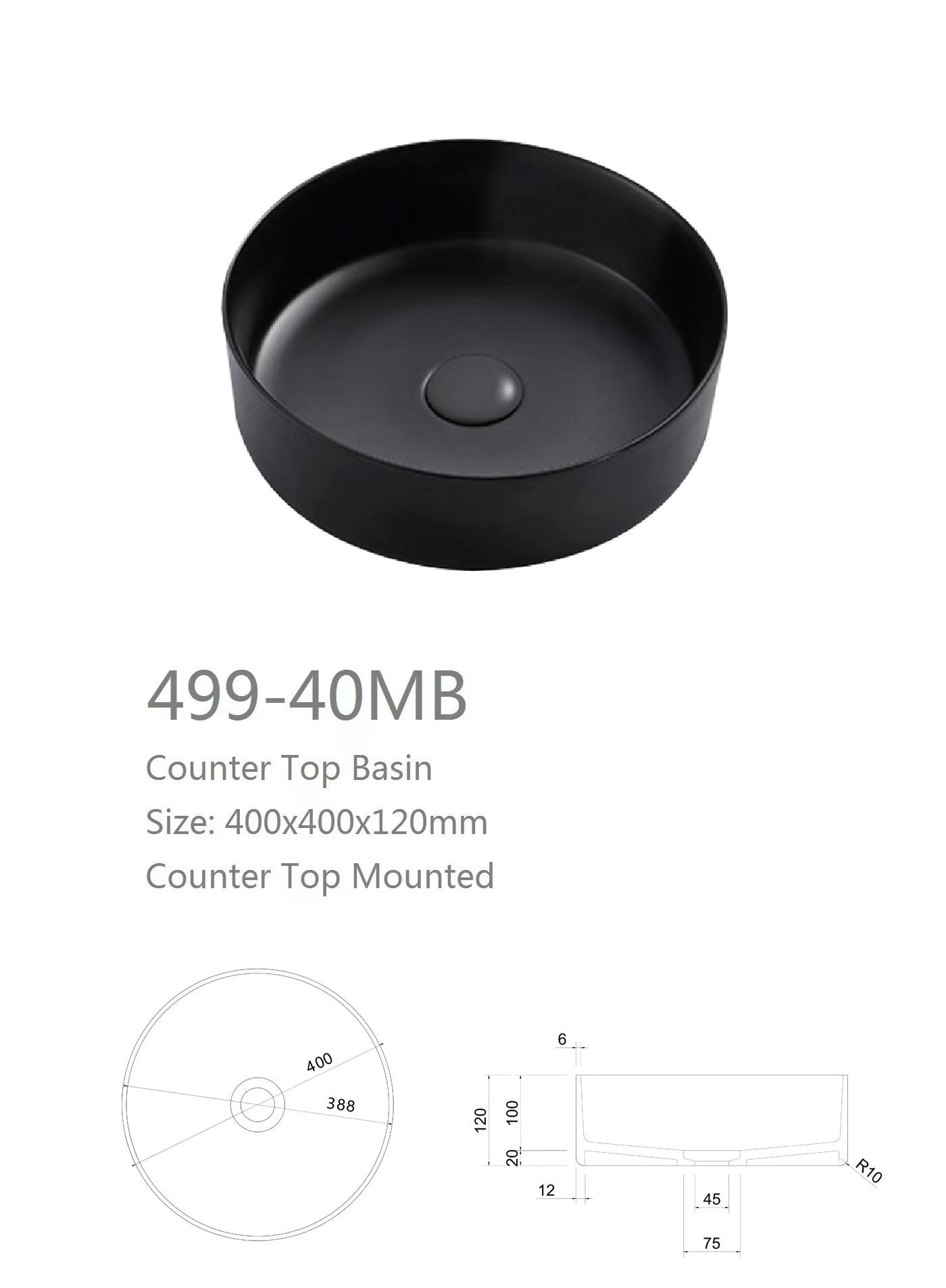 Nora Circo Ceramic Round Vessel Basin without Overflow Matt Black Φ400*H120mm (499-40MB)