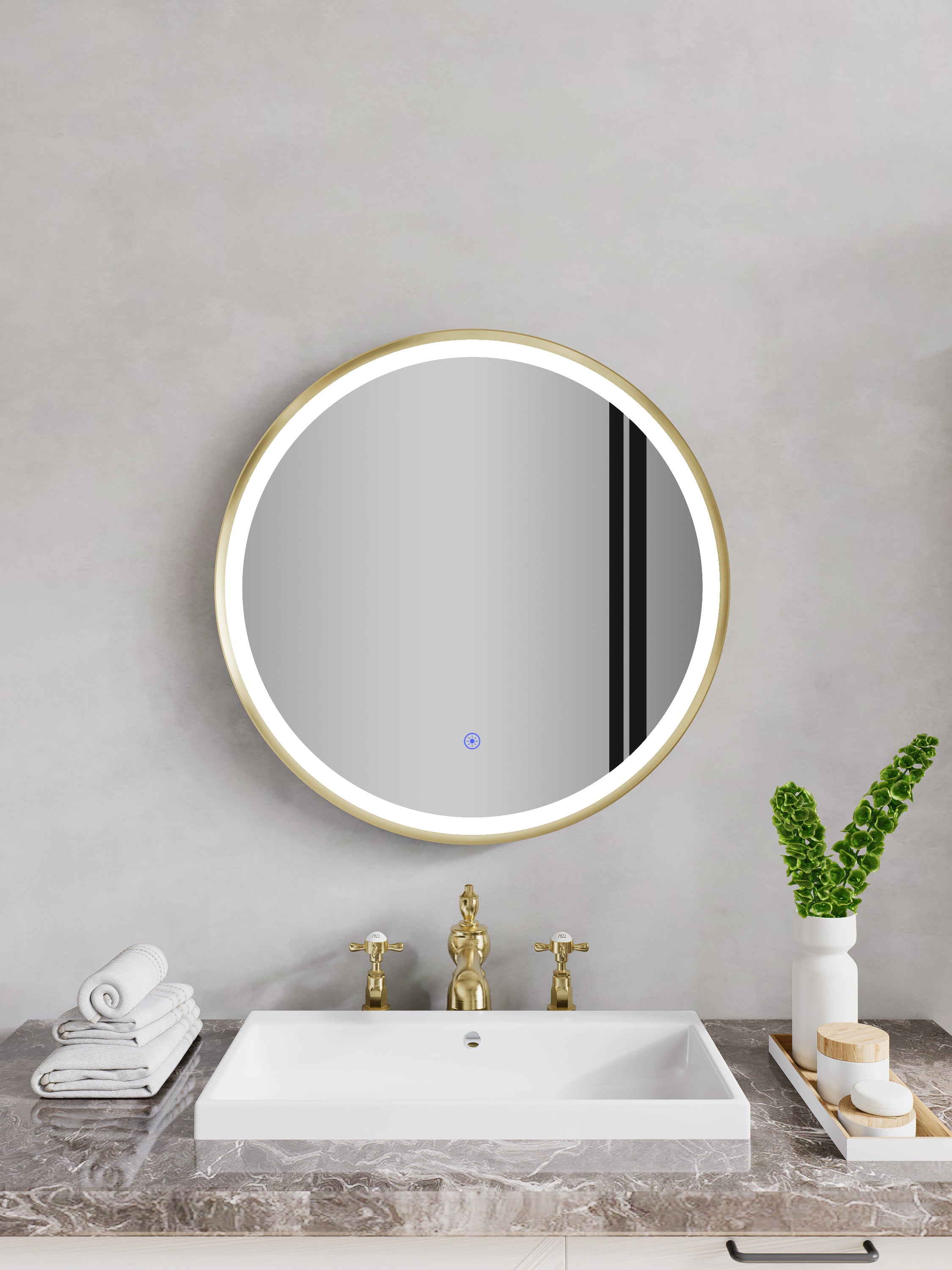 Nora Round LED Frosted Mirror Brushed Brass Φ600*D43mm (JM-RD-AF600BB) Demister and Aluminium Frame